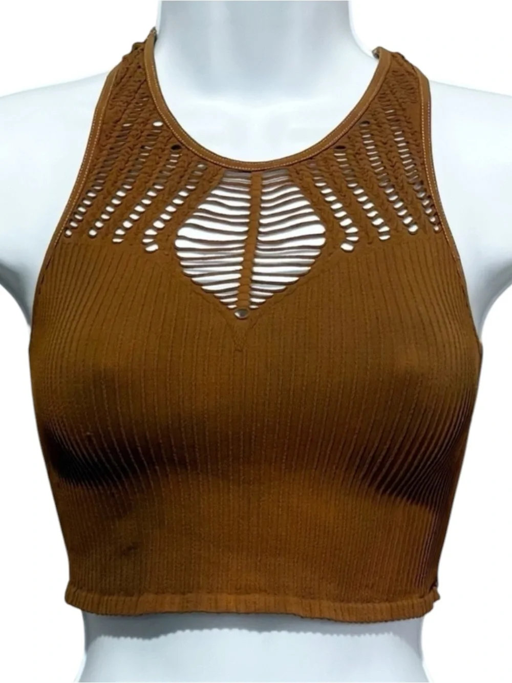 FREE PEOPLE Intimately Seamless Crop Tank Brown Ribbed Cutout Cami Top XS/S